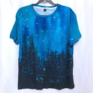 Forest Silhouette And Starry Sky Print Casual Short Sleeve Shirt (NWOT)